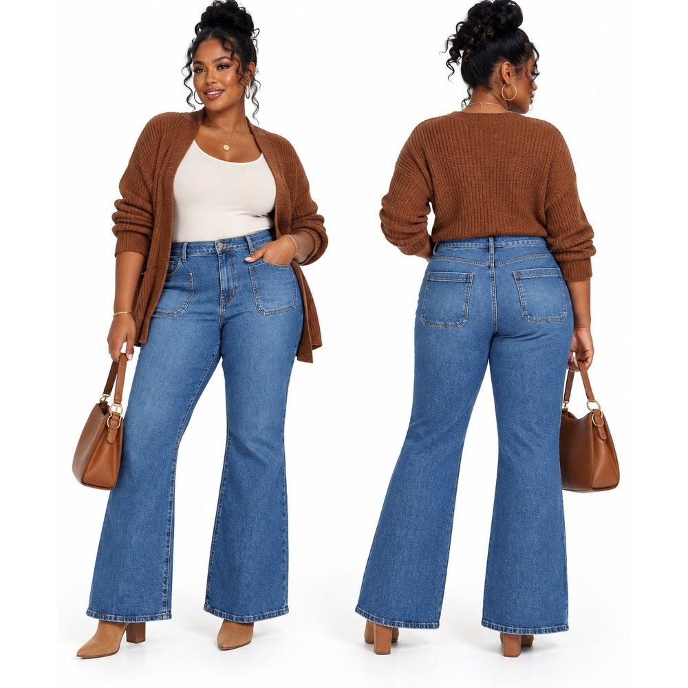 Universal Thread Womens High-Rise Flare Jeans Medium Wash Patch Pockets Size 17